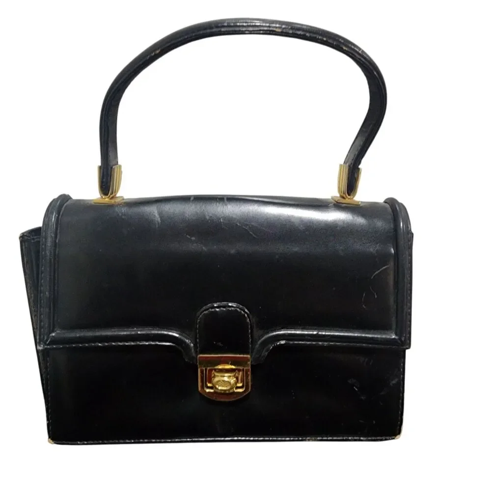 Vintage Tano Black Leather Top Handle Handbag Gold Hardware Made in Spain‎